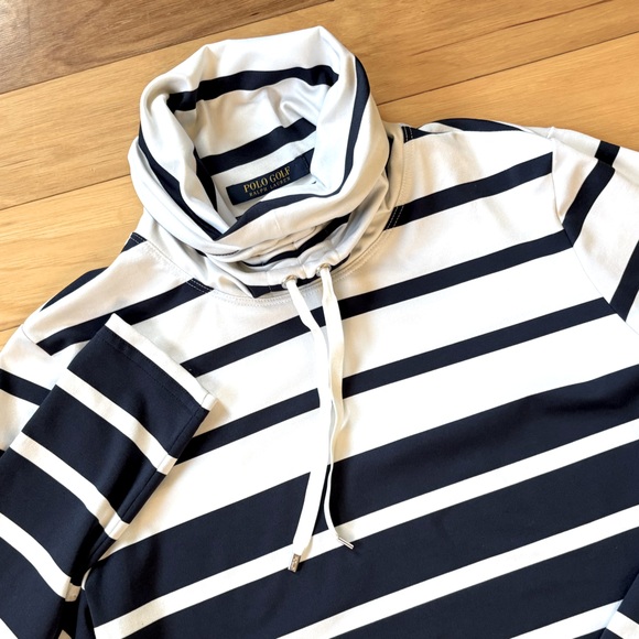 Ralph Lauren Polo Golf Funnel Neck Top Womens Sz M Blue White Stripe Long Sleeve - Picture 1 of 7